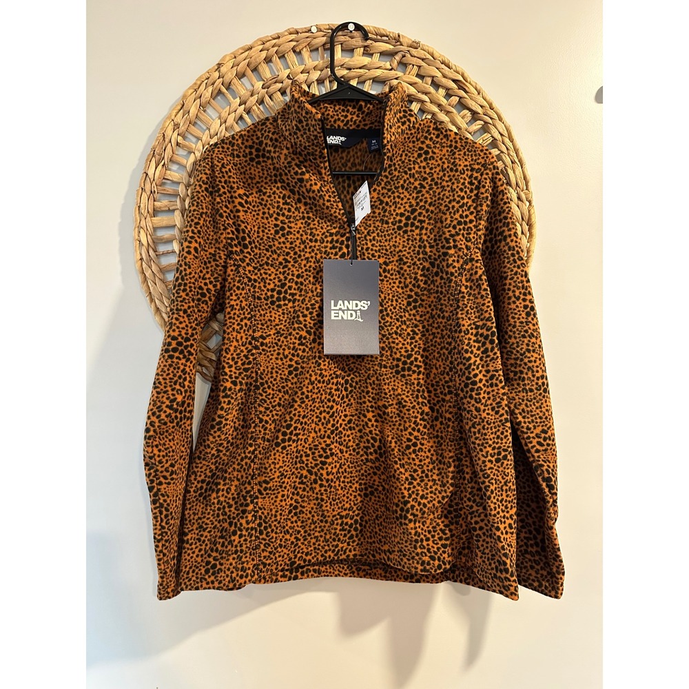 Lands' End Womens Leopard Print Fleece Quarter Zip Pullover brown Black M